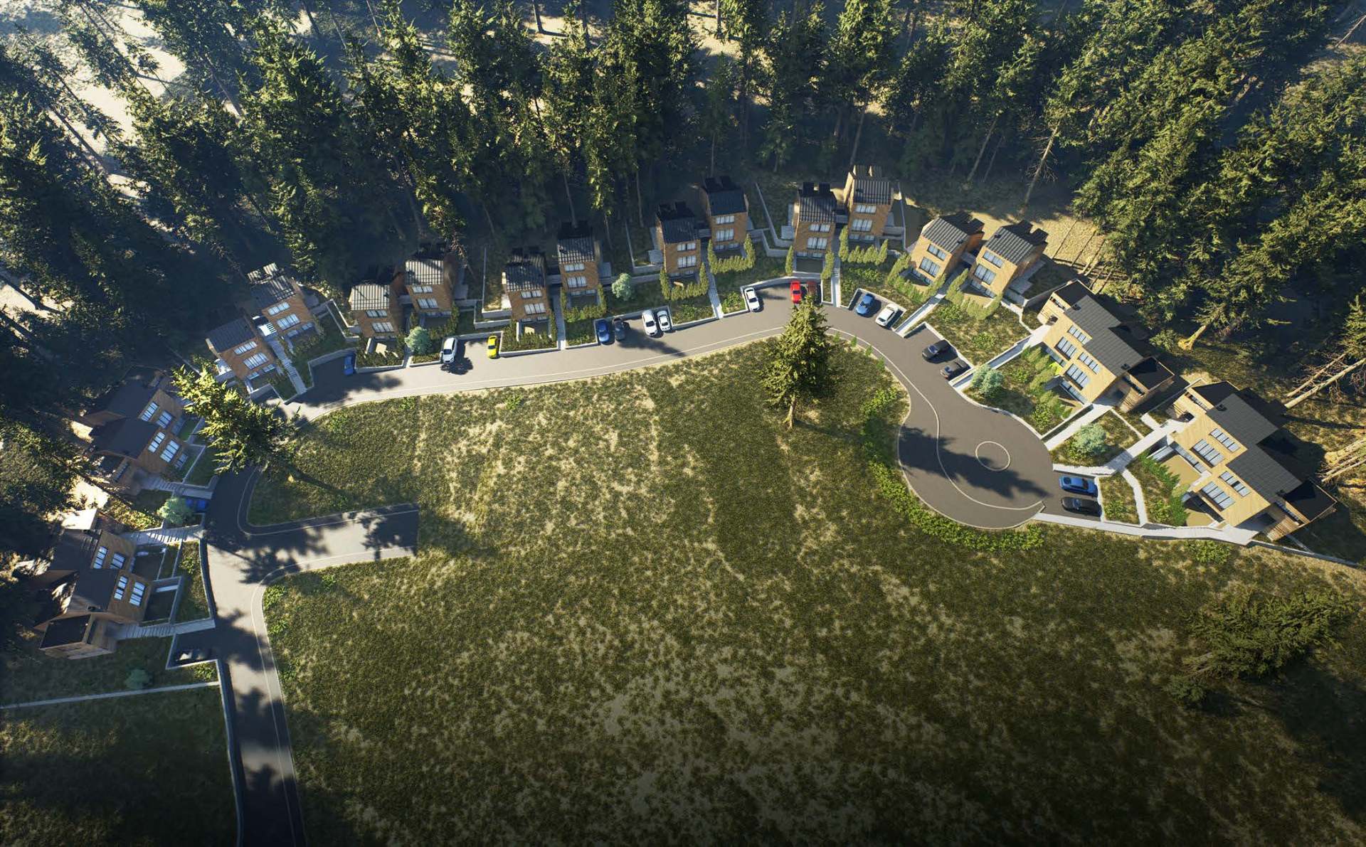 Aerial view of Mountain Retreat by Dukley low-density chalet cluster in the Bjelasica spruce forest