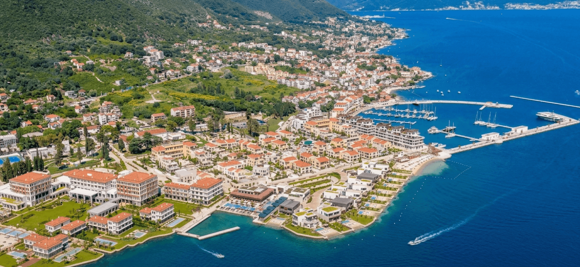 Aerial view of Portonovi resort village and D-Marin marina at the entrance to Boka Bay, Herceg Novi, Montenegro