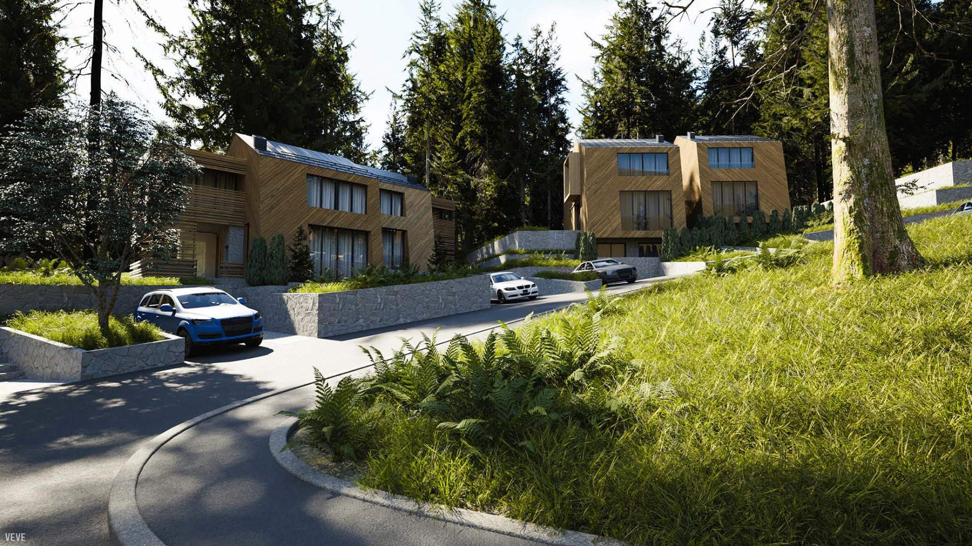 Mountain Retreat by Dukley chalets seen from the access road, framed by mountain pines