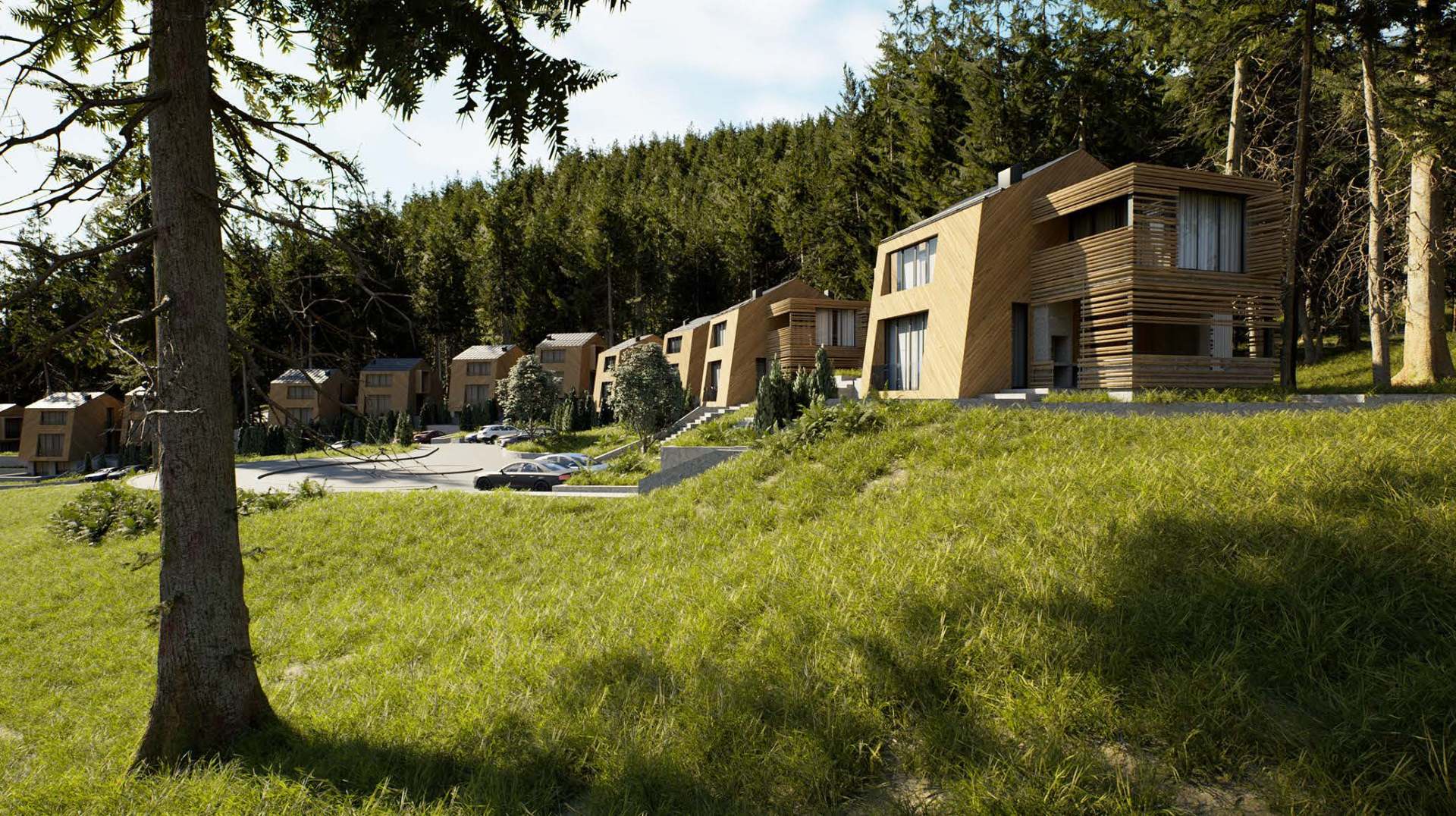 Mountain Retreat by Dukley - row of timber-clad chalets on the Bjelasica forest slope above Kolašin