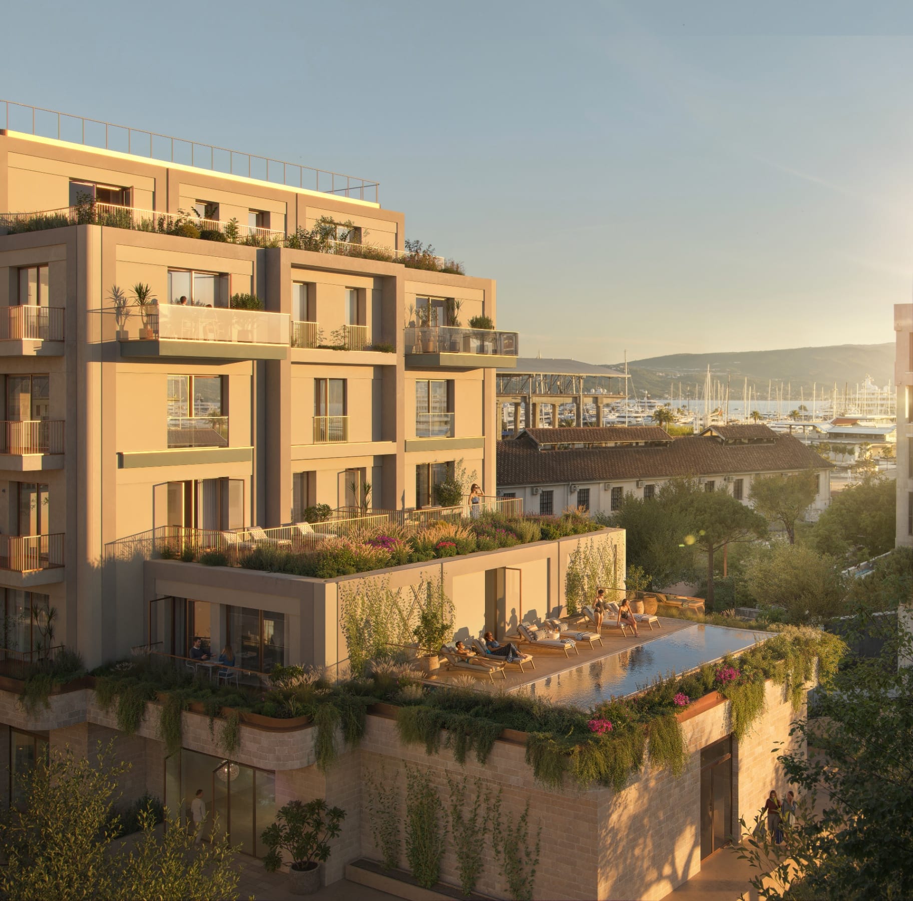 Versa Residences exterior with rooftop pool terrace - off-plan apartments at Porto Montenegro, Tivat