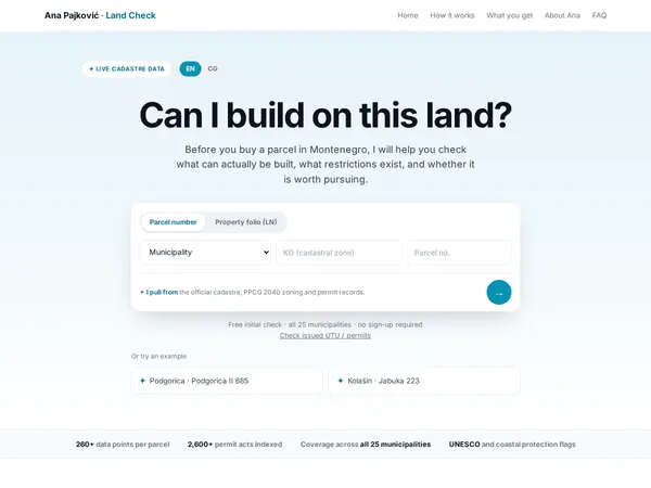 Montenegro land parcel check tool showing cadastre search form