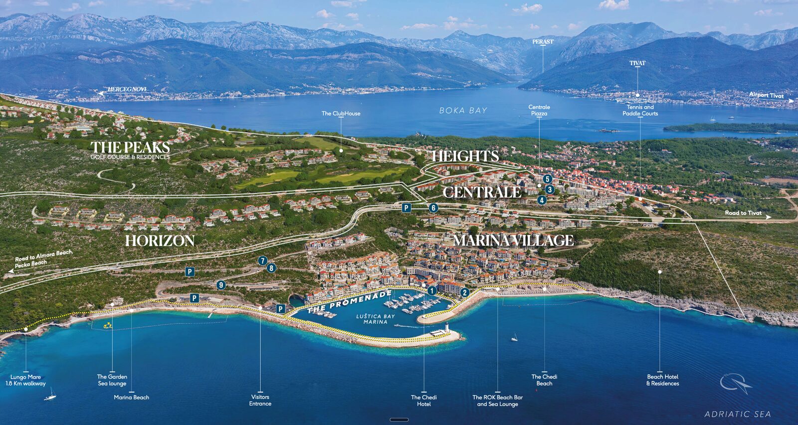 Luštica Bay integrated resort masterplan, Tivat municipality, Montenegro - showing The Peaks golf residences, Heights, Centrale, Horizon, and Marina Village neighbourhoods on Boka Bay.