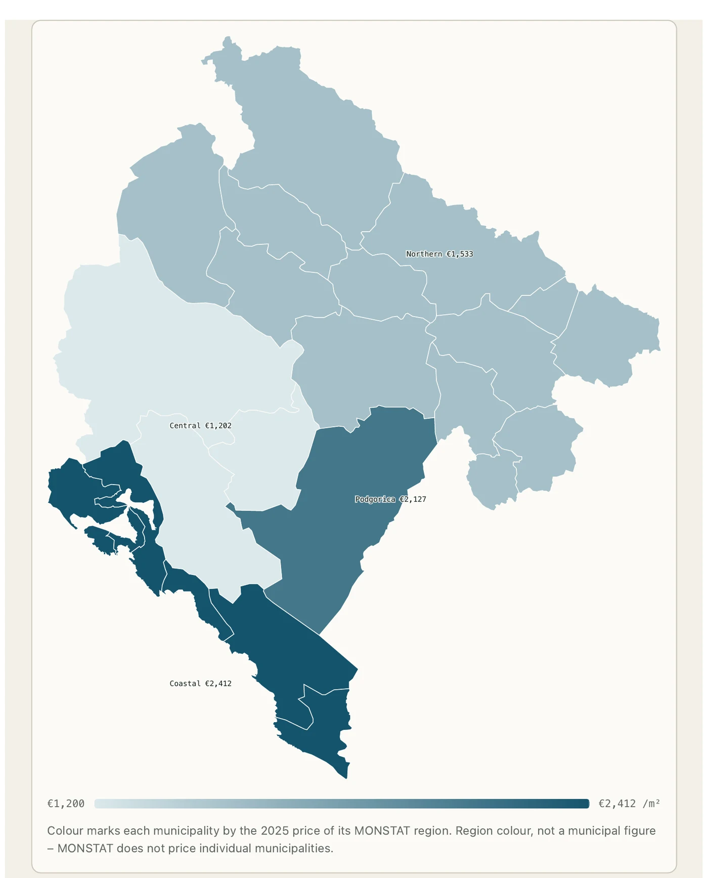 Map of Montenegro shaded by 2025 average new-build price of each MONSTAT region