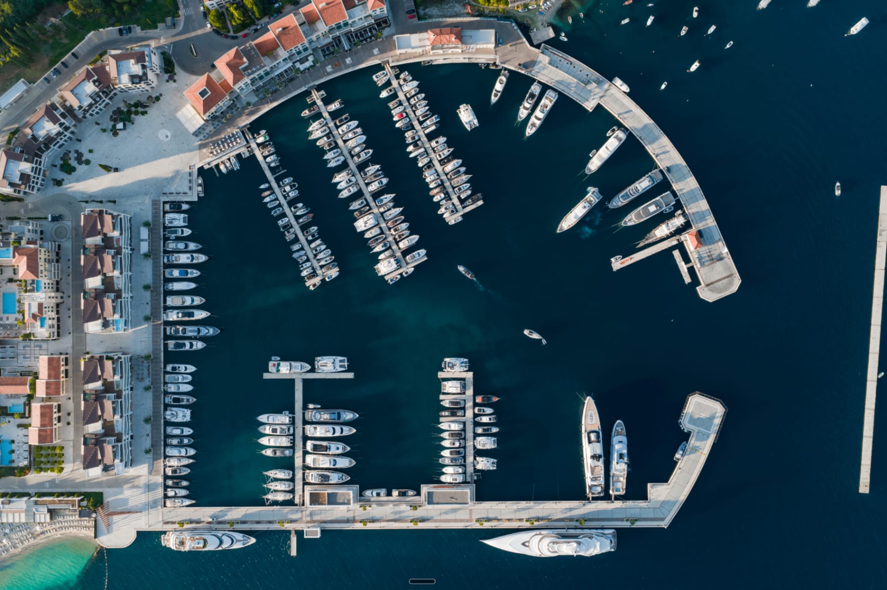 Aerial view of Porto Montenegro superyacht marina in Tivat, Bay of Kotor