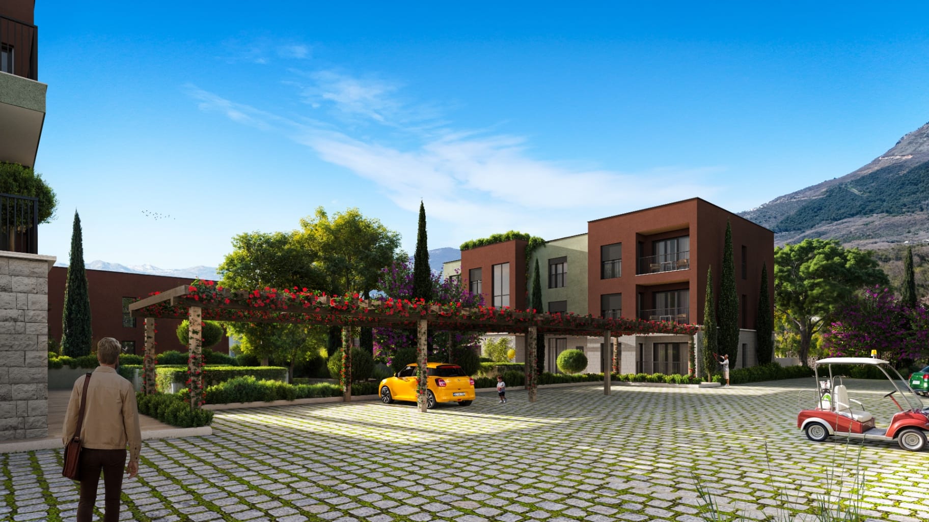 Pelinovo Residences courtyard with pergola and mountain views - residential village in Radanovici, Bay of Kotor, Montenegro