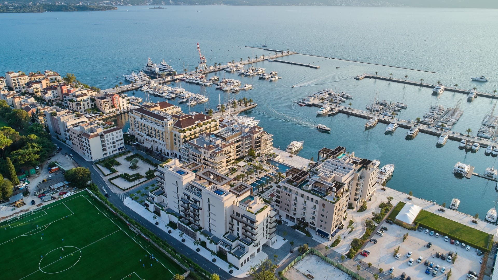 Aerial view of Porto Montenegro marina and luxury residences in Tivat, Bay of Kotor
