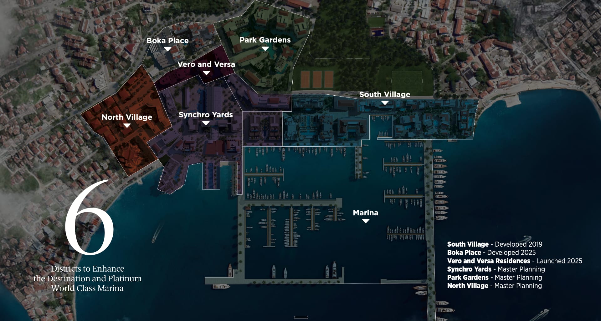 Porto Montenegro masterplan, Tivat marina, Montenegro - six residential districts including South Village, Boka Place, Vero and Versa Residences, Park Gardens, Synchro Yards, and North Village, plus the Platinum World-Class Marina.