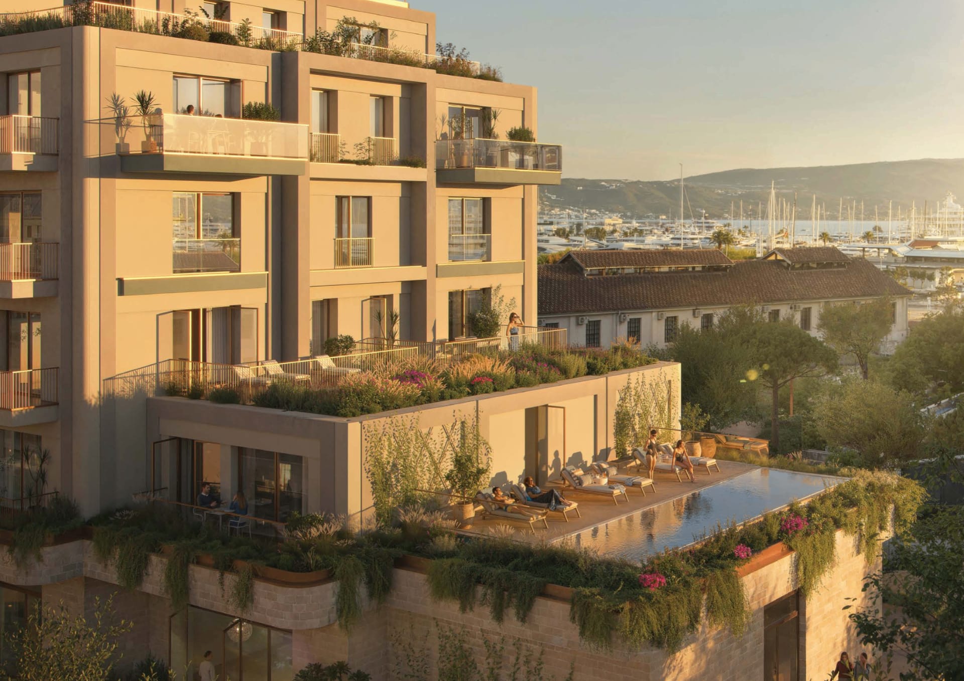 Vero and Versa Residences at Porto Montenegro - rooftop terrace with infinity pool overlooking the superyacht marina in Tivat, Montenegro.