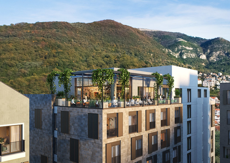 Boka Place rooftop terrace with Bay of Kotor mountain backdrop