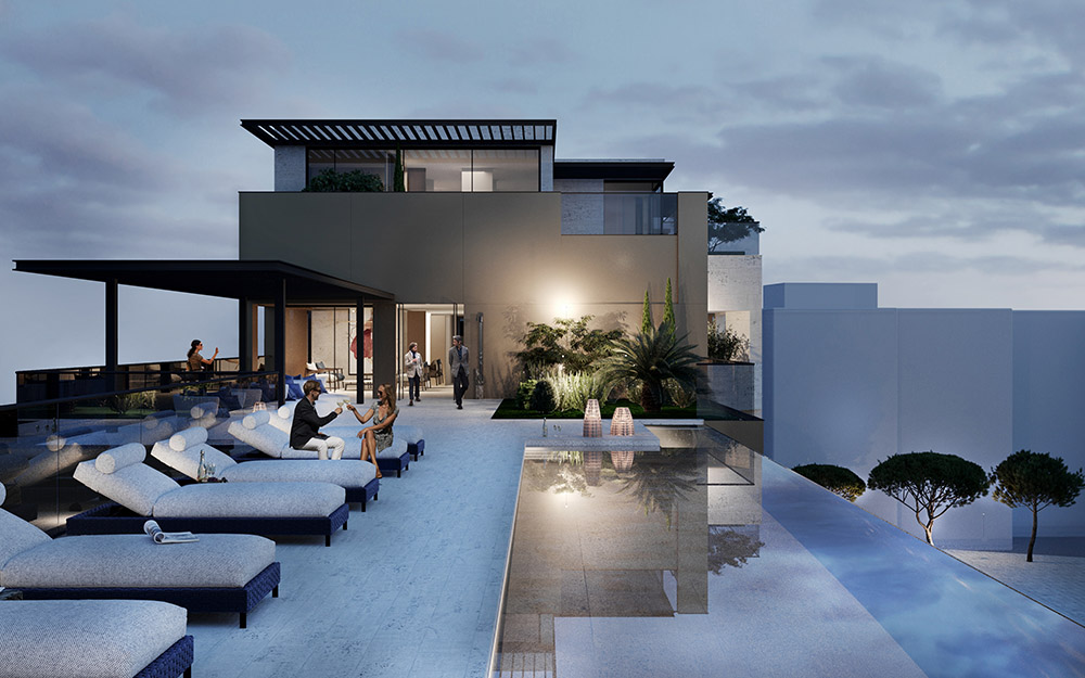 Dreams by Dukley floating rooftop pool with panoramic Boka Bay view, linking two of the development's three sections.