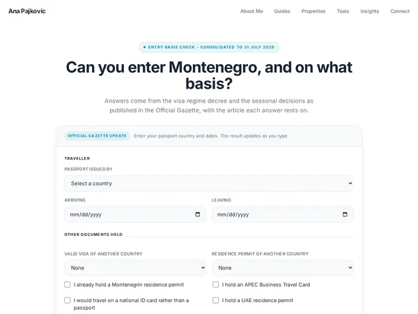 Montenegro visa and entry basis checker tool