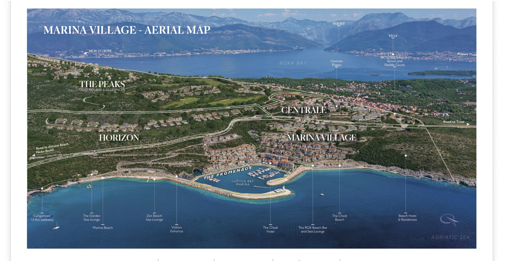 Annotated aerial map of Luštica Bay showing The Peaks, Horizon, Centrale, Marina Village, the marina promenade, beaches and The Chedi hotel
