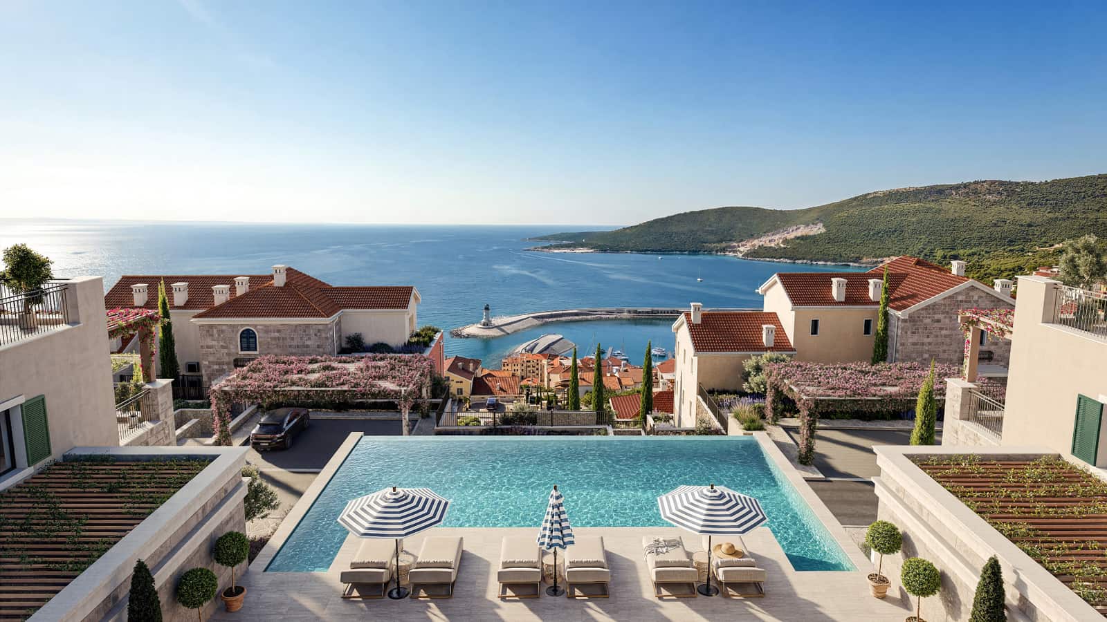 Mirta homes at Luštica Bay Marina Village - pool terrace overlooking the marina and Adriatic