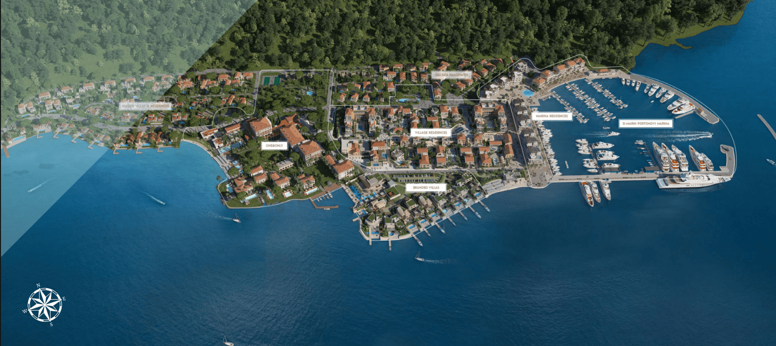 Portonovi masterplan aerial showing Seaside Villas, One&Only, Hillside Residences, Village Residences, Branded Villas, Marina Residences and the D-Marin Portonovi Marina from west to east